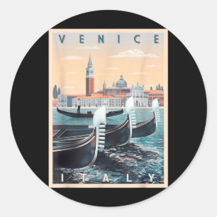 Pegatina Redonda Barcas góndola retro con silueta de Venecia Italia