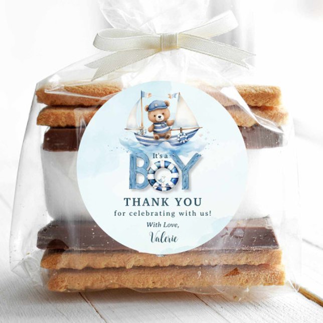 Pegatina Redonda Barco azul cúbico Teddy Bear Boy Baby Shower (Subido por el creador)