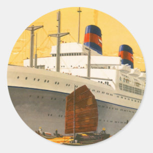 Pegatina Redonda Barco Crucero Antiguo al Oriente con Barcos Junco