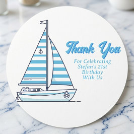 Pegatina Redonda Barco de Vela Azul Náutico Cumpleaños Gracias