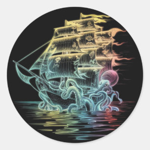 Pegatina Redonda Barco pirata arcoiris kraken - Arte naumático colo
