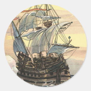 Pegatina Redonda Barco pirata vintage, velero galeón en el océano
