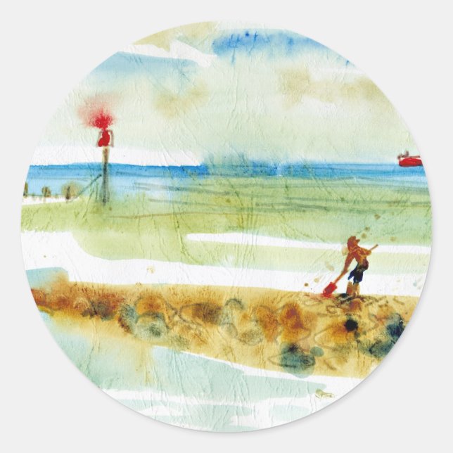 Pegatina Redonda Barco rojo en Mundesley, Norfolk (Anverso)