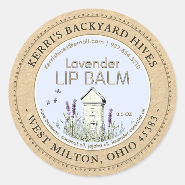 Pegatina Redonda Barco trasero Hive Beeswax Lavender Lip Balm Kraft (Anverso)