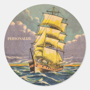 Pegatina Redonda Barco Vintage Navegador Barco Náutico Plano Guay C
