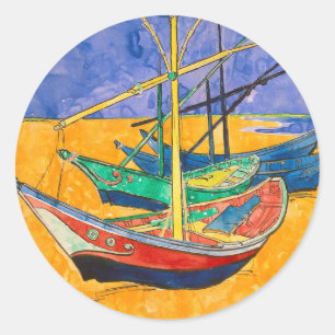 Pegatina Redonda Barcos de Van Gogh Impresionismo Playa