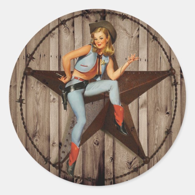 Pegatina Redonda Barn Wood Texas Star West Country Cowgirl (Anverso)
