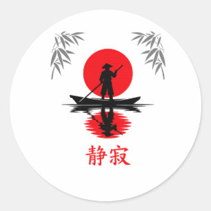 Pegatina Redonda Barquero Zen Sol Rojo Silueta Minimalista