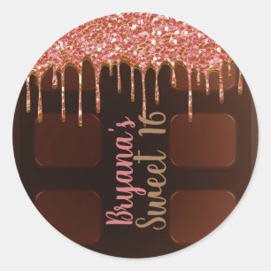 Pegatina Redonda Barra de Chocolate con Brillo Rosa Drip Sweet 16