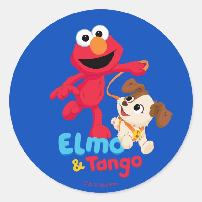 Pegatina Redonda Barrio Sésamo | Ejecución de Elmo y Tango (Anverso)
