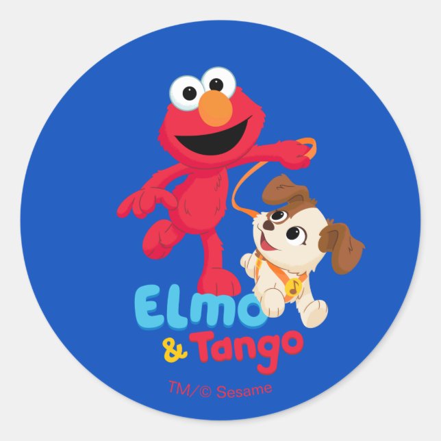 Pegatina Redonda Barrio Sésamo | Ejecución de Elmo y Tango (Anverso)