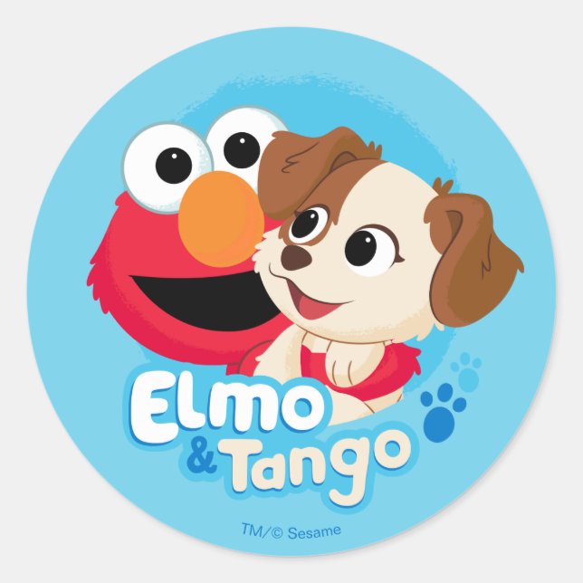 Pegatina Redonda Barrio Sésamo | Insignia Elmo y Tango (Anverso)