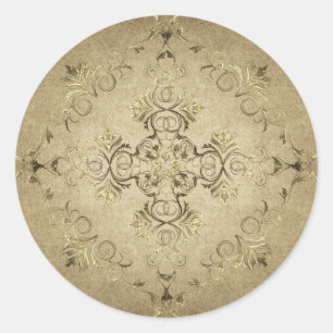 Pegatina Redonda Barroco dorado sobre fondo negro.
