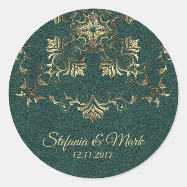 Pegatina Redonda Barroco dorado sobre fondo verde. (Anverso)