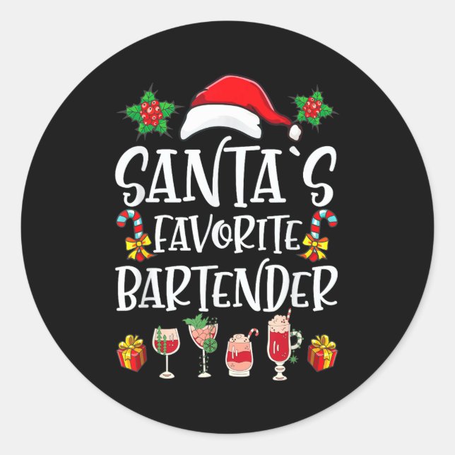 Pegatina Redonda Bartender Xmas Gift Santa's Favorite Bartender Chr (Anverso)