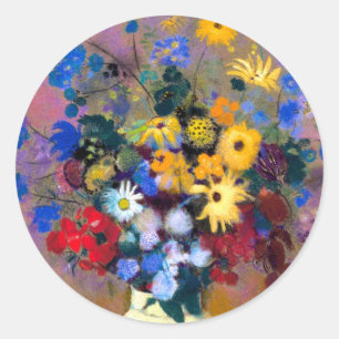 Pegatina Redonda Base blanca con flores Odilon Redon