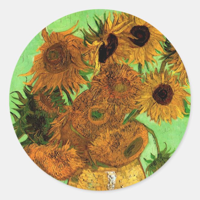 Pegatina Redonda Base con doce girasoles de Vincent van Gogh (Anverso)
