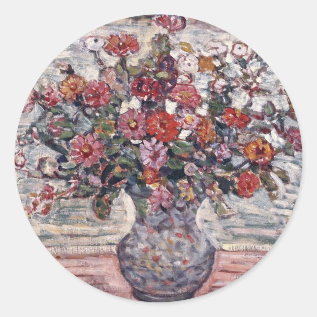 Pegatina Redonda Base de flores, Zinnias de Maurice Prendergast (Anverso)
