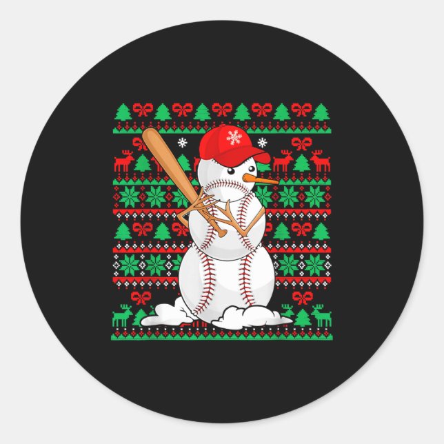 Pegatina Redonda Baseball Boys Men Christmas Snowman Players Ugly X (Anverso)