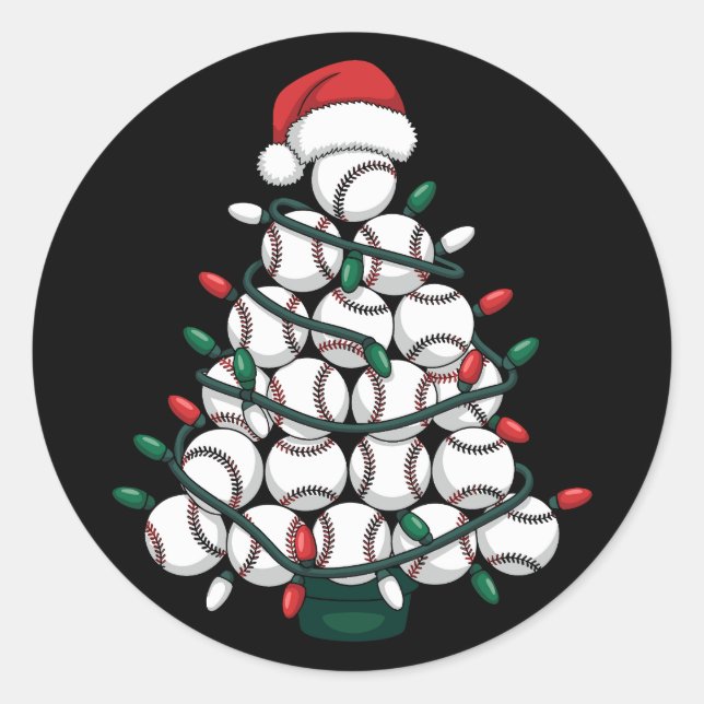 Pegatina Redonda Baseball Christmas Tree Santa Sports (Anverso)
