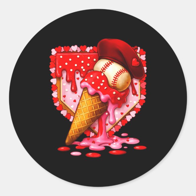 Pegatina Redonda Baseball Heart Valentine Baseball Ice Cream Drip B (Anverso)