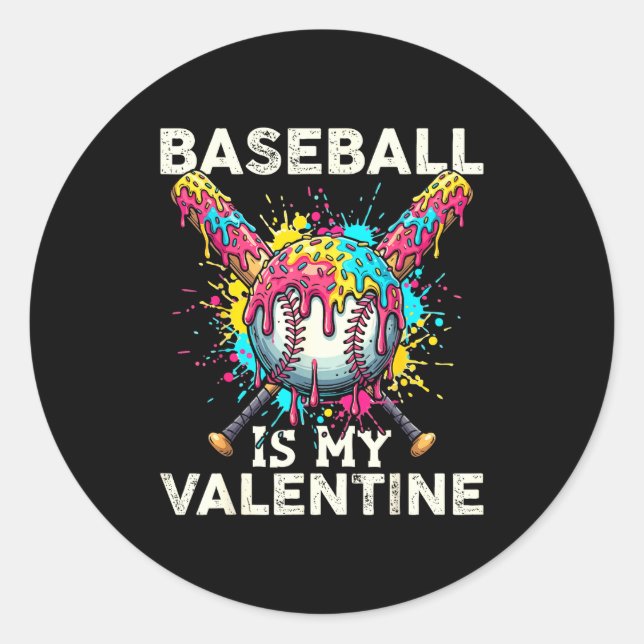 Pegatina Redonda Baseball Is My Valentine Ice Cream Drip Crossed Ba (Anverso)