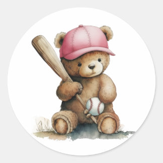 Pegatina Redonda Baseball Teddy Bear Pink Cap Girl Baby Shower