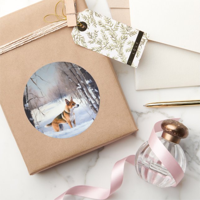 Pegatina Redonda Basenji Deja que nieve Navidad (Regalar)