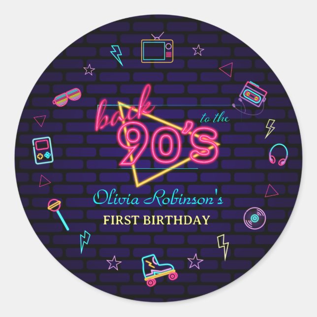 Pegatina Redonda Bash de cumpleaños de neones retro pop (Anverso)