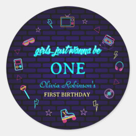 Pegatina Redonda Bash de cumpleaños de neones retro pop