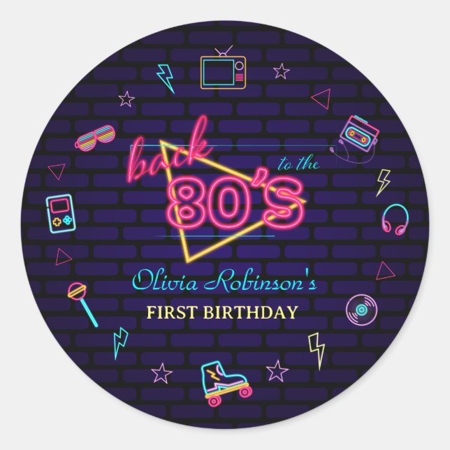 Pegatina Redonda Bash de cumpleaños de neones retro pop (Anverso)