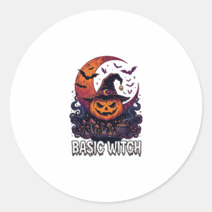 Pegatina Redonda Básica Bruja Halloween Calabaza Luna Creciente Cal