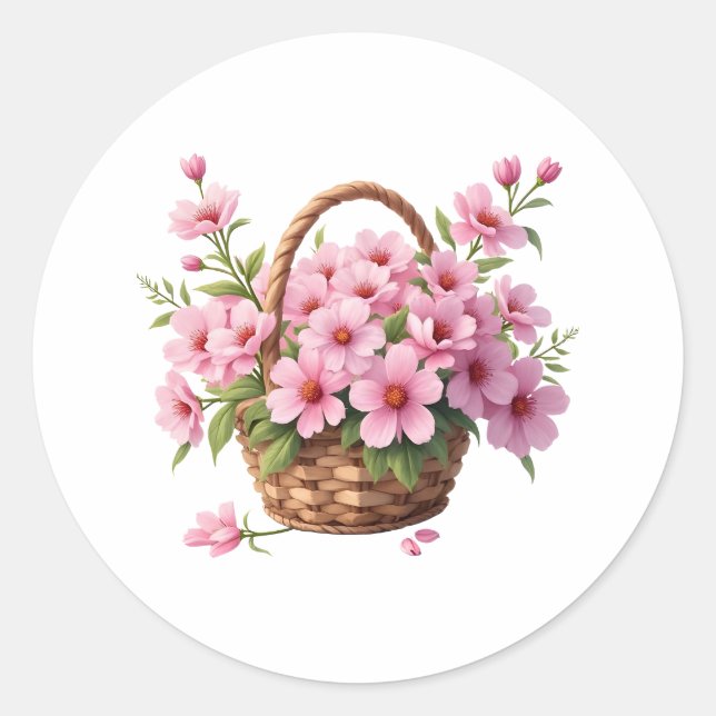 Pegatina Redonda Basket with Pink Cherry Blossom Flowers  (Anverso)