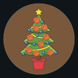Pegatina Redonda Basketball Christmas Tree<br><div class="desc">An illustration of a Christmas tree with yellow ribbon,  big star,  blue hanging balls and basketball balls. This design is made for holiday season lovers and sport lovers.</div>