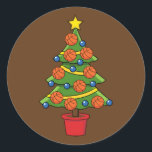 Pegatina Redonda Basketball Christmas Tree<br><div class="desc">An illustration of a Christmas tree with yellow ribbon,  big star,  blue hanging balls and basketball balls. This design is made for holiday season lovers and sport lovers.</div>