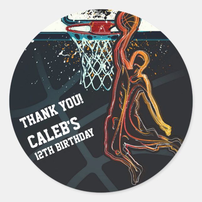 Pegatina Redonda Básquetbol Dunk Salto Shot Birthday Party Favor (Anverso)