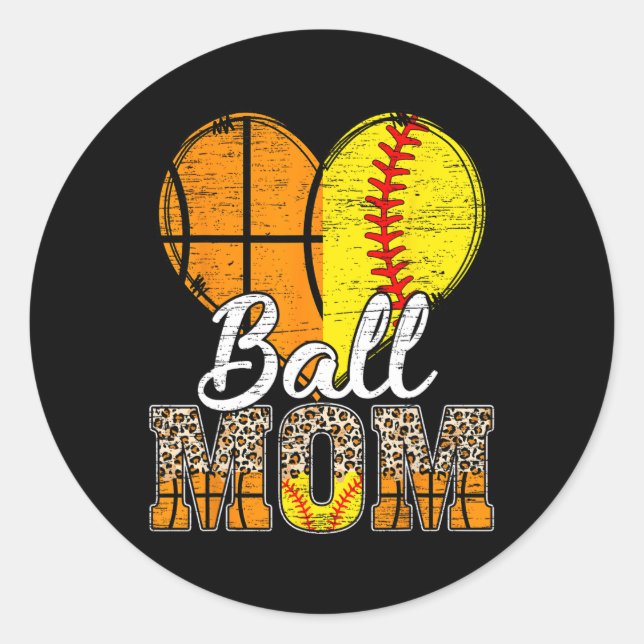 Pegatina Redonda Básquetbol Mamá Corazón Softball Mamá Leopard Madr (Anverso)