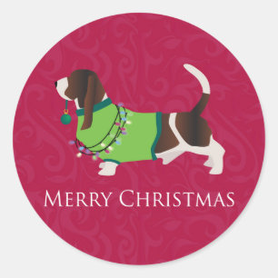 Pegatina Redonda Basset Hound Merry Christmas Design