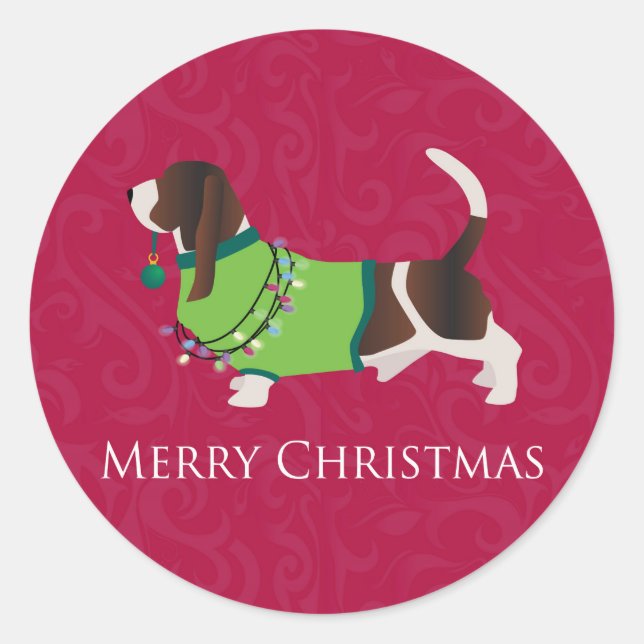 Pegatina Redonda Basset Hound Merry Christmas Design (Anverso)