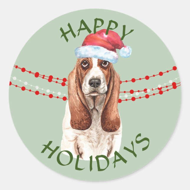 Pegatina Redonda Basset Hound Santa Hat Felices Felices Fiestas (Anverso)