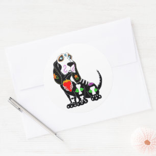 Pegatina Redonda Basset Hound Sugar Skull
