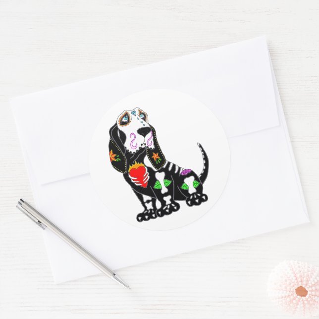 Pegatina Redonda Basset Hound Sugar Skull (Sobre)