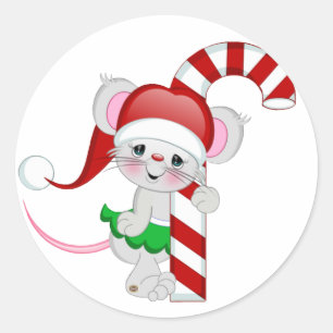 Pegatina Redonda Bastón de caramelo del ratón del navidad