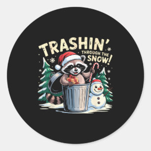 Pegatina Redonda Basura en la nieve Navidad Mapache divertido H