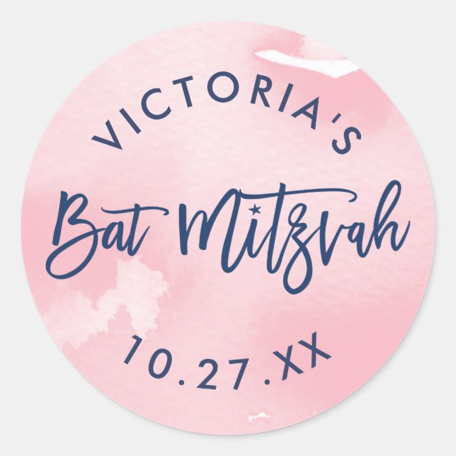 Pegatina Redonda BAT MITZVAH acuarela rosa con letras de mano moder (Anverso)