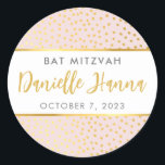 Pegatina Redonda Bat Mitzvah adorables puntos de polka de oro rosad<br><div class="desc">por kat massard >> WWW.SIMPLYSWEETPAPERIE.COM <<< Usar para cualquier celebración especial - cumpleaños, bautismo, bat mitzvah. Estos pegatinas personalizados se pueden usar para sobres sellos, decoración, favores, etc. Me encanta el diseño, pero me gustaría ver algunos cambios - otro esquema de color, producto, agregar una foto o adaptado para una...</div>