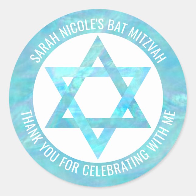 Pegatina Redonda Bat Mitzvah Blue Opal Star Of David Gracias (Anverso)