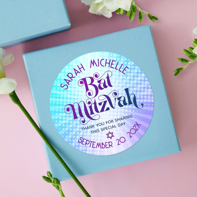 Pegatina Redonda Bat Mitzvah Bold Retro Boho Blue Purple Gradiente (Subido por el creador)