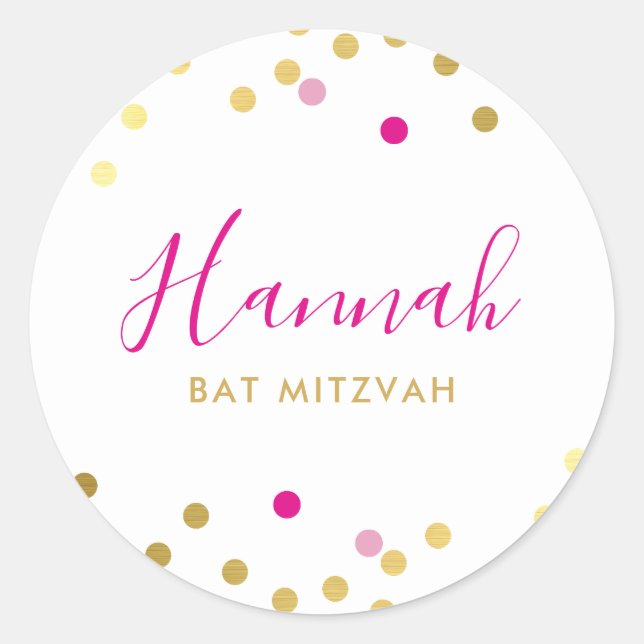 Pegatina Redonda BAT MITZVAH bonito glam confetti spot oro rosa (Anverso)