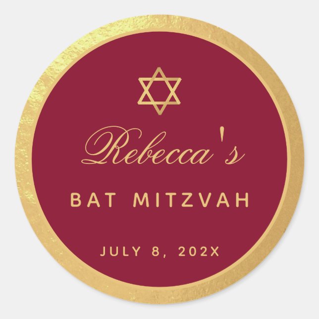 Pegatina Redonda Bat Mitzvah Burgundy Faux Gold Elegant Calligraphy (Anverso)